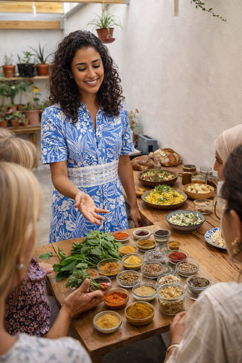 Arwa teaching a spice workshop with participants around a table of Middle Eastern spices